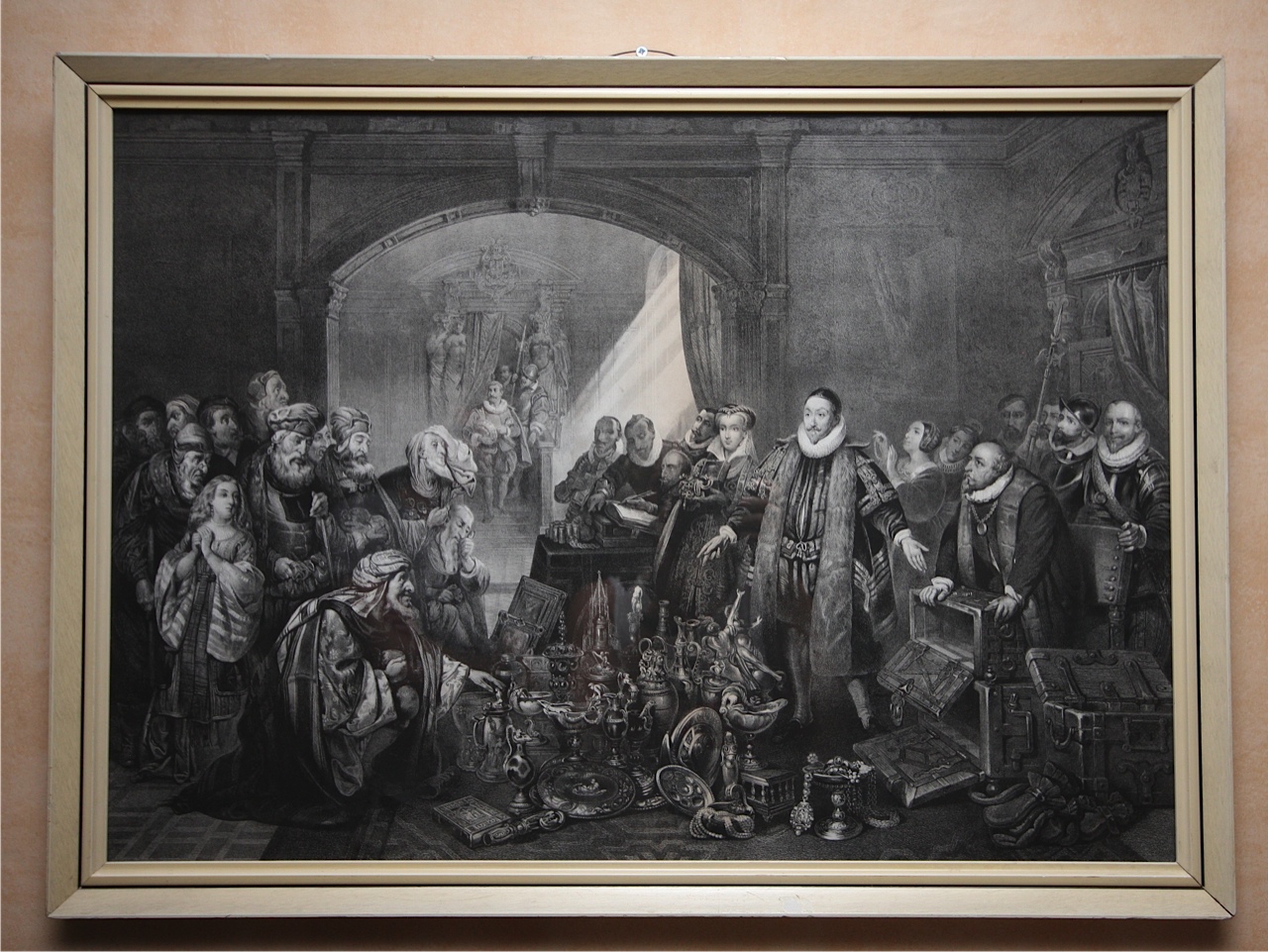 Afbeelding Prins Willem van Oranje. Zijn kostbaarheden op het altaar des Vaderlands Offerend. De afbeelding is in het jaar 1858 gemaakt door Pieter Willem Marinus Trap.